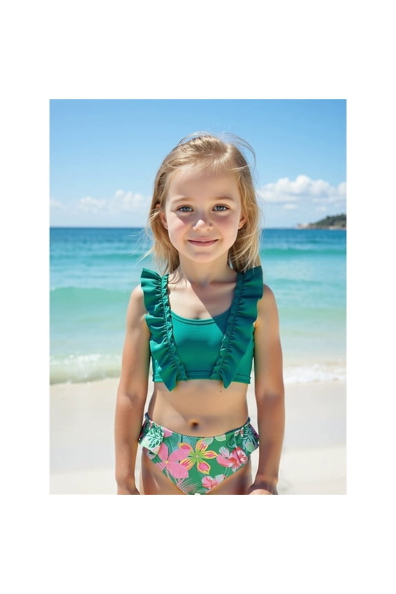 Rufflebutts Swimsuit Girls 2 Piece Floral Print Cut Out Girls' Bikini Sets Drawstring Bottoms Ruched Padded Bathing Suits Quick-Dry Swimwear for Girls