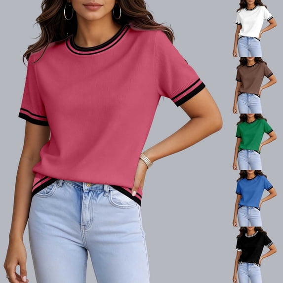 jiaxiM Short Sleeve Sweater for Women Light-Weight Crew Neck Summer Tops Dressy Casual Women's Clothes 2026, S-XXL