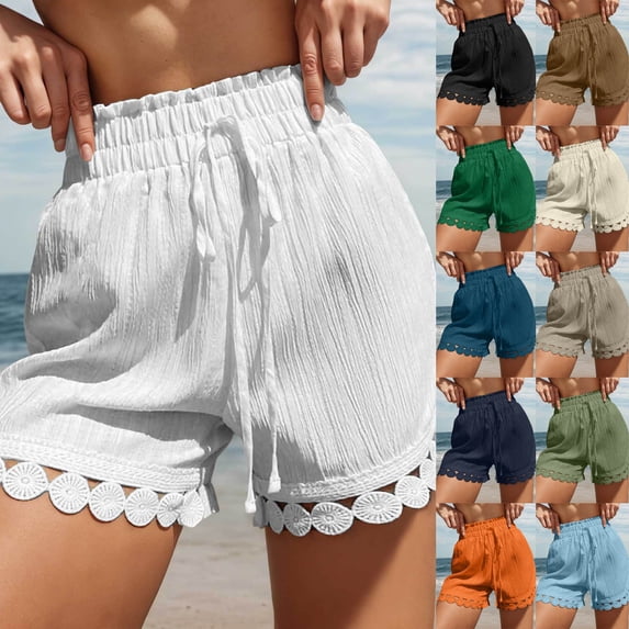 jiaxiM Shorts for Women Summer Ruffle Waist Mid Waisted Shorts Drawstring Wide Leg Casual Shorts with Pockets Vacation Outfit
