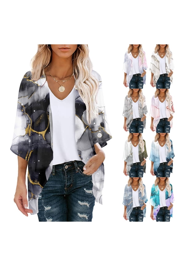 Summer Cardigans for Women Lightweight Floral Print Puff Sleeve Kimono Chiffon Cardigan Loose Cover Up Casual Blouse Tops 2026
