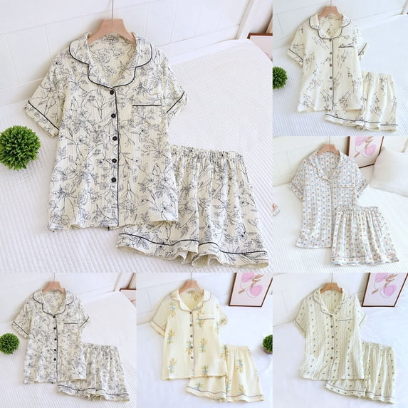 jiaxiM Summer Pajamas for Women Button Down Pajamas Set Short Sleeve Sleepwear Lapel Pjs Soft 2 Piece Lounge Shorts Set