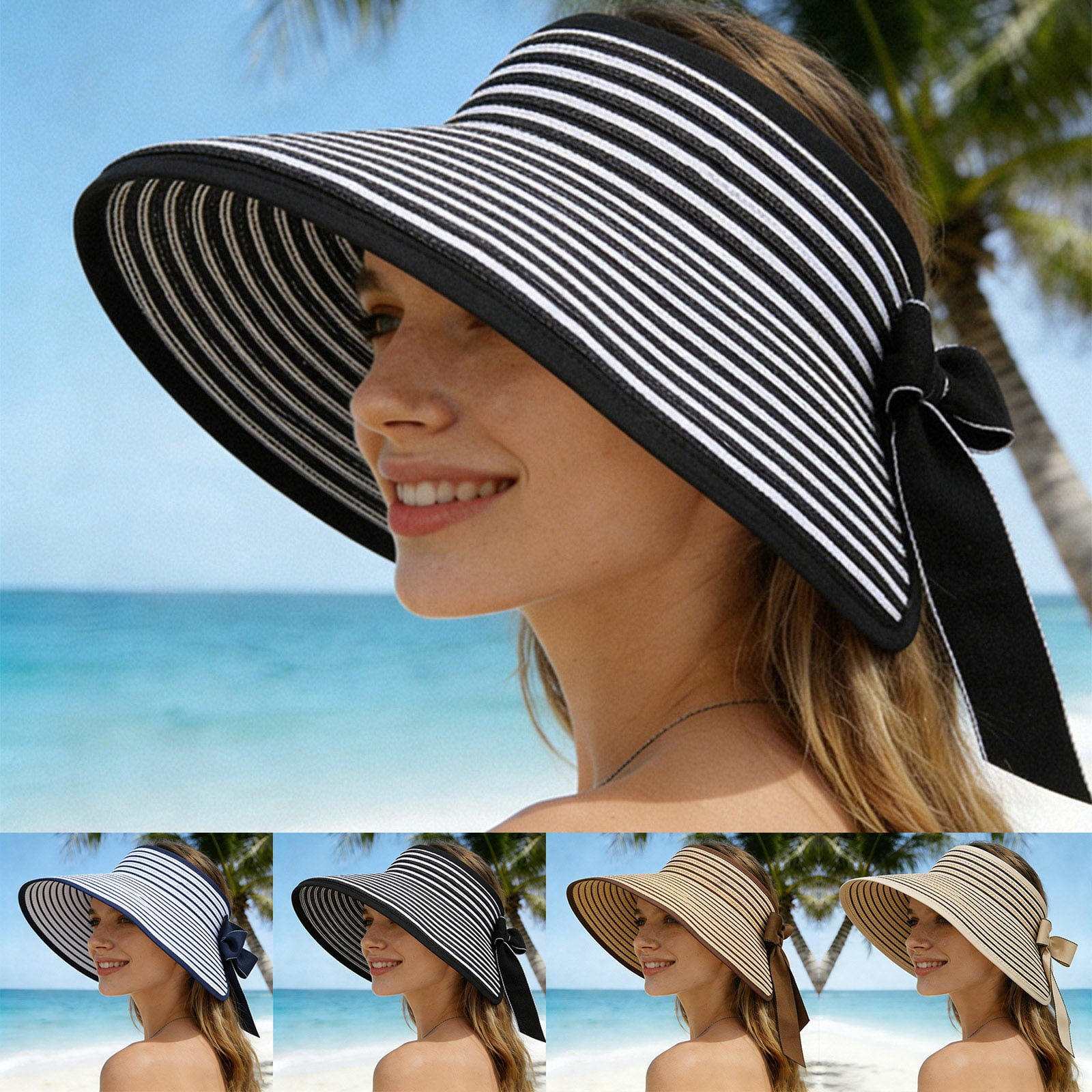 jiaxiM Sun Visors for Women Wide Brim Beach Hat Foldable Straw Striped ...