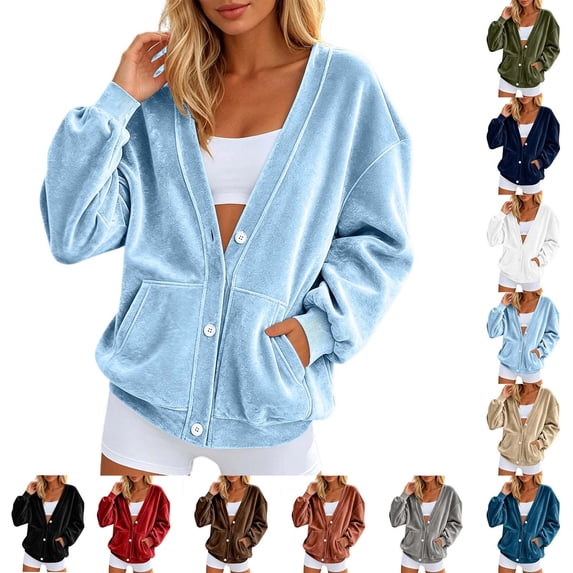 jiaxiM Sweatshirt for Women Terry Cloth V Neck Button Down Cardigan Long Sleeve Sweatshirt Jacket Dual Side Pockets Casual Loungewear Transitional Layering Top Spring Fall Daily Outfit