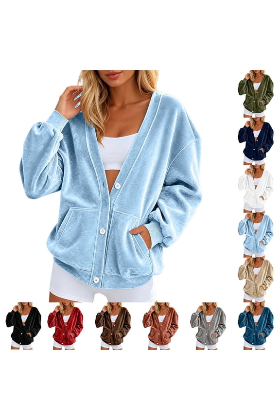 Sweatshirt for Women Terry Cloth V Neck Button Down Cardigan Long Sleeve Sweatshirt Jacket Dual Side Pockets Casual Loungewear Transitional Layering Top Spring Fall Daily Outfit
