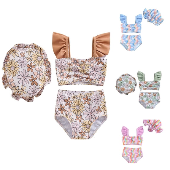 jiaxiM Toddler Girl Swimsuit 3pcs Quick-Dry Spaghetti Strap Girls Tankini Swimsuit Modest Ruched Colorful Contrast Ruffle Bathing Suit Ribbed Girl Swimwear Swim Suit