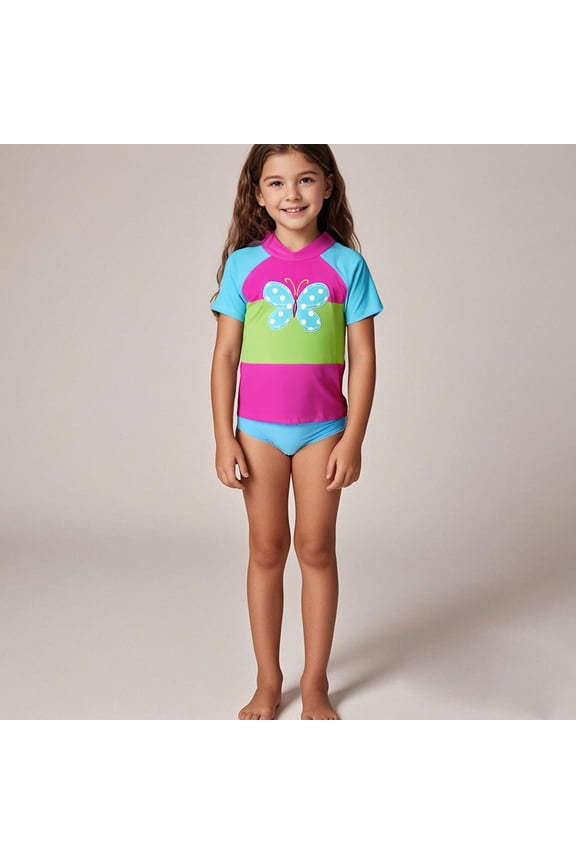 Toddler Girl Swimsuit Two Piece Color Block Ribbed Bikini Sets for Girls with Chest Pad Ruffle Ruched Girls Bathing Suit&nbsp;cover Up Quick-Dry for Swim Team Beach Swimwear