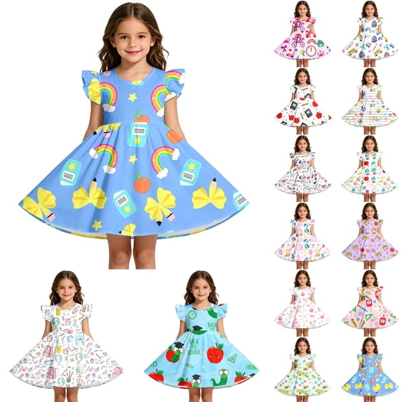 jiaxiM Toddler Girls Back to School Print Dresses Pencil Ruffle Sleeve Crewneck Funny Corlorable School Outfits