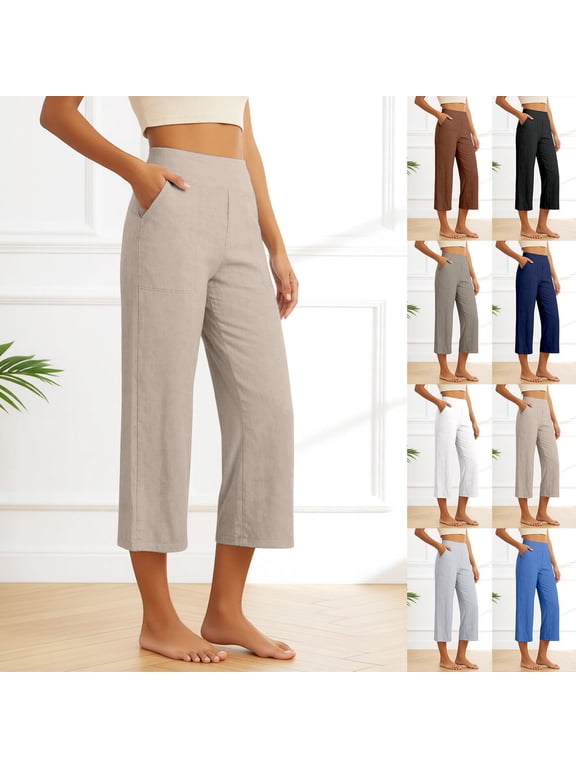 Wide Leg Linen Pants for Women High Waist Wide Leg Petite Palazzo Pants for Women Drawstring Cropped Trousers Pants for Women Women's Lounge Pants for Summer