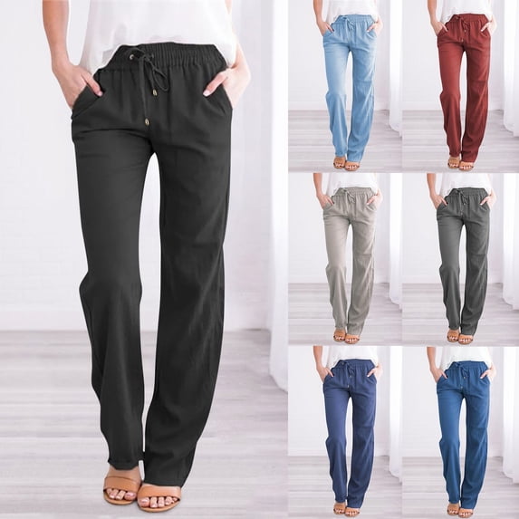 jiaxiM Women's Dress Pants Elastic Waist Linen Palazzo Pants Drawstring Basic Linen Trousers for Women Womens Lounge Pants with Pockets
