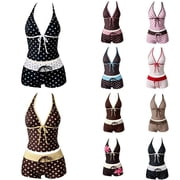 jiaxiM Womens 2 Piece Swimsuits Y2k Vintage Bikini Set Coquette Halter Tankini Top with Shorts Polka Dot Beach Swimsuit Vacation Outfit