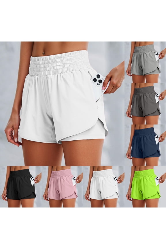 Womens Biker Shorts with Pockets 2 in 1 Split Flat Rise Running Shorts High Waisted Workout Athletic Gym Tennis Shorts Built In Liner