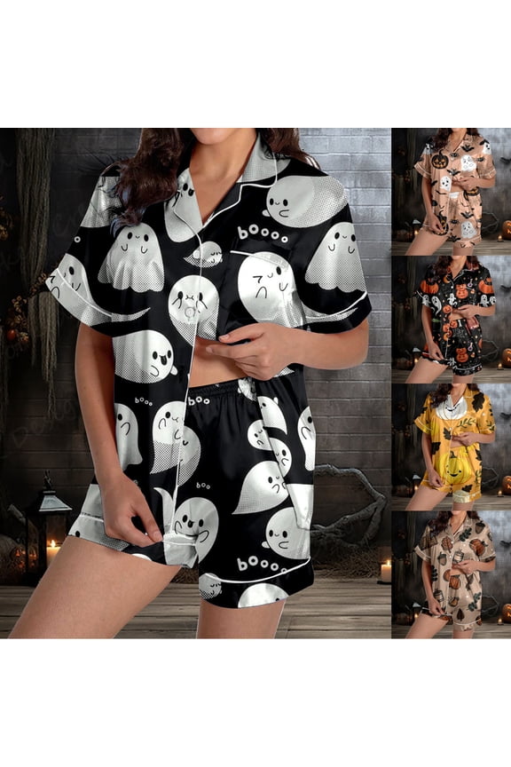 Womens Halloween Pajamas Set 2 Piece Button Down Silk Pjs Shorts Set Ruffle Notch Collar Graphic Printed Lounge Sets for Women Relaxed Fit Gothic Sleepwear with Pockets