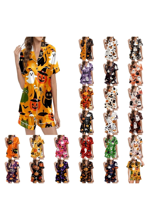 Womens Pajama Sets Cotton Silk Satin 2 Piece Button Down Short Sleeve Shorts Pjs Set Ruffle Notch Collar Ghost Pumpkin Print Loungewear Sets Soft Comfy Summer Sleepwear Shorts Sets