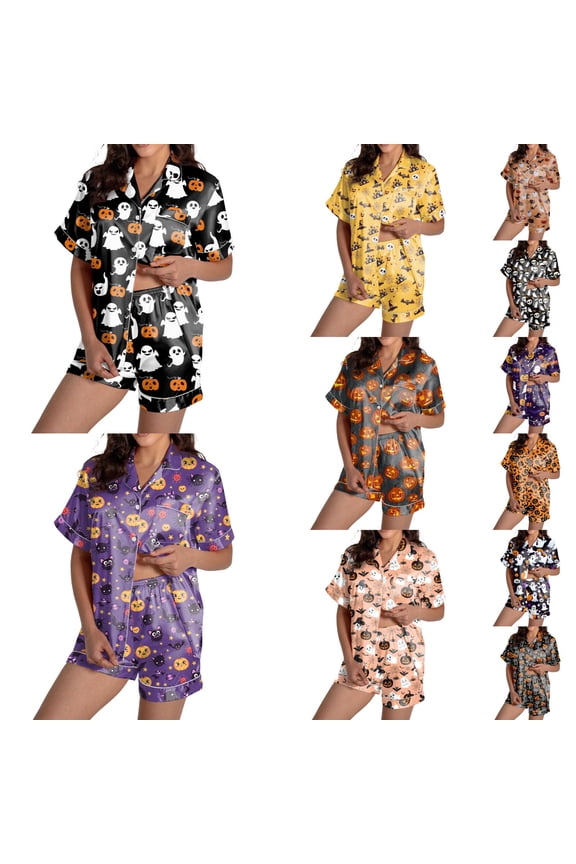 Womens Silk Pajamas Set 2 Pcs Button Down Silk Pjs Shorts Set Ruffle Notch Collar Pink Skull Pumpkin Loungewear Set Soft Comfy Gothic Sleepwear with Pockets