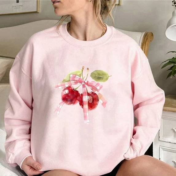 jicehd Blouse-Clearances Women's Casual Round neck Long Sleeve Oversized Pullover Sweater Jumper Top Cute Cherries Bowtie Print Solid Color Blouse