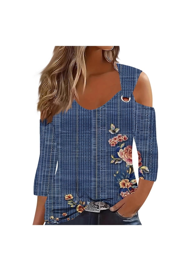 Blouse-Clearances Women's Fashion Eyelet Hollow Out Pullover Blouse Cold Shoulder Long Sleeve Shirts Vintage Flower Shell Print Tops Casual Loose Fit