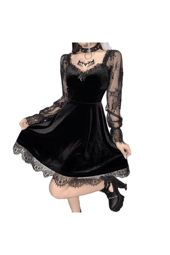 Halloweens Dresses Womens Goth Witchy Dress Lolita Dresses Long Sleeve Gothic Alt Dress Punk Grunge Emo Dress A Line Lace Hem Knee Length Dresses