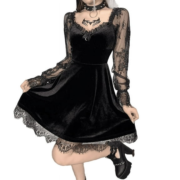 jicehd Halloweens Dresses Womens Goth Witchy Dress Lolita Dresses Long Sleeve Gothic Alt Dress Punk Grunge Emo Dress A Line Lace Hem Knee Length Dresses