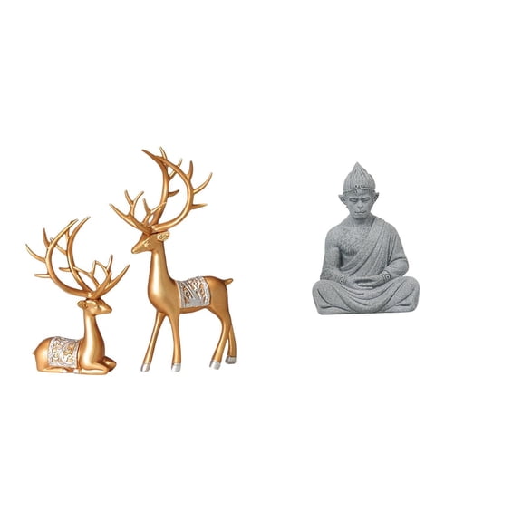jicheng European Reindeer and Monkey Buddha Collectible Sculpture Set Unique Deer and Sun Wukong Figurines for Home Hotel Patio Decor