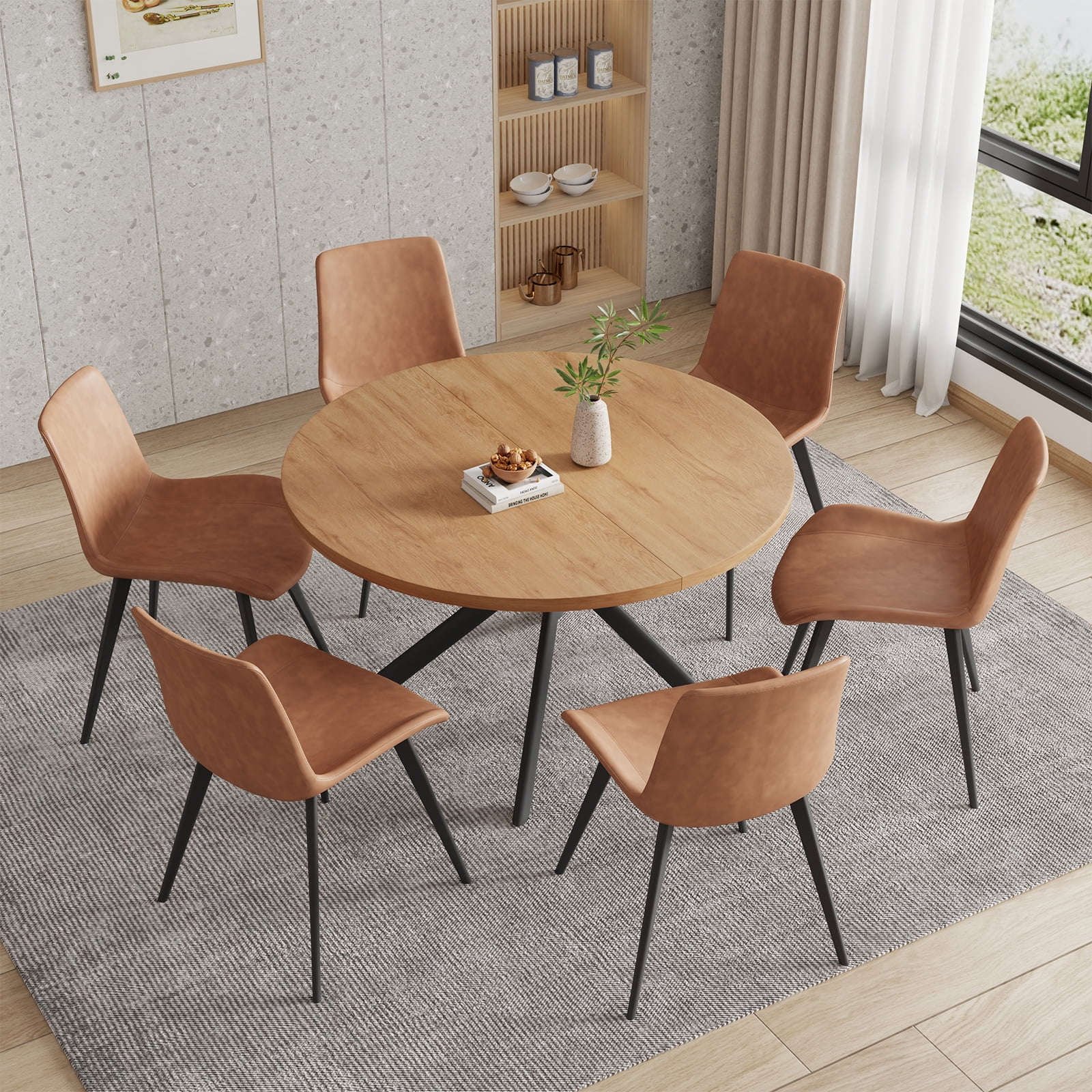 jiexi 45.3" Round Dining Table Set, Mid Century Modern Round Dining Table for 6 Person, with Steel Legs, Coffee Table for Kitchen Dining Room, Office, Save Space