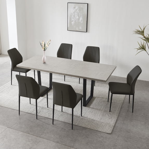 jiexi Modern Mid-Century Dining Table Set for 6-8 People Kitchen Dining Room Table Set Extendable Solid Wood Dining Table and 6 Upholstered Chairs