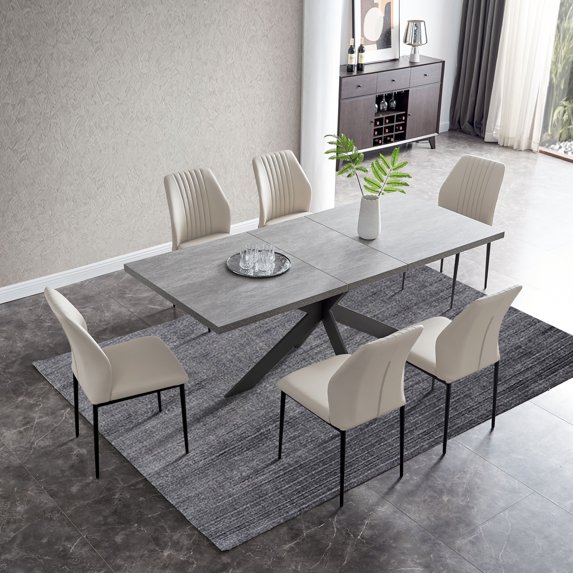 Jiexi 7 Piece Modern MDF & HPL Board Extendable Dining Table Set, Beige