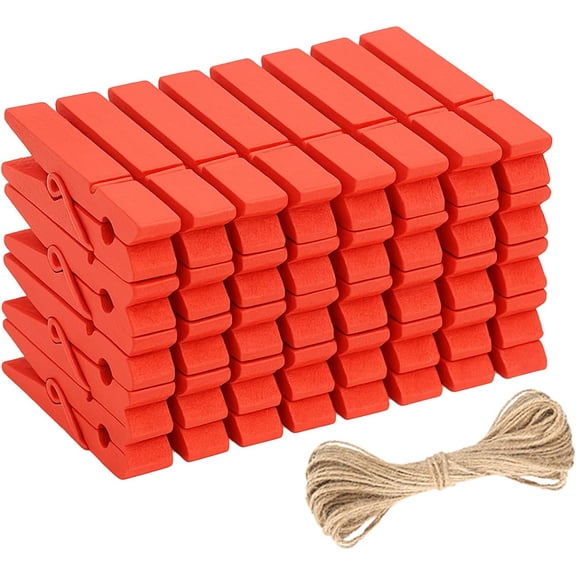 jijAcraft 50Pcs Orange Clothespins - 2.9Inch Large Clothes Pins with Twine, Photo Display Hanging Clips, Wooden Craft Clips for Fall Party, Birthday, Baby Shower, Wedding