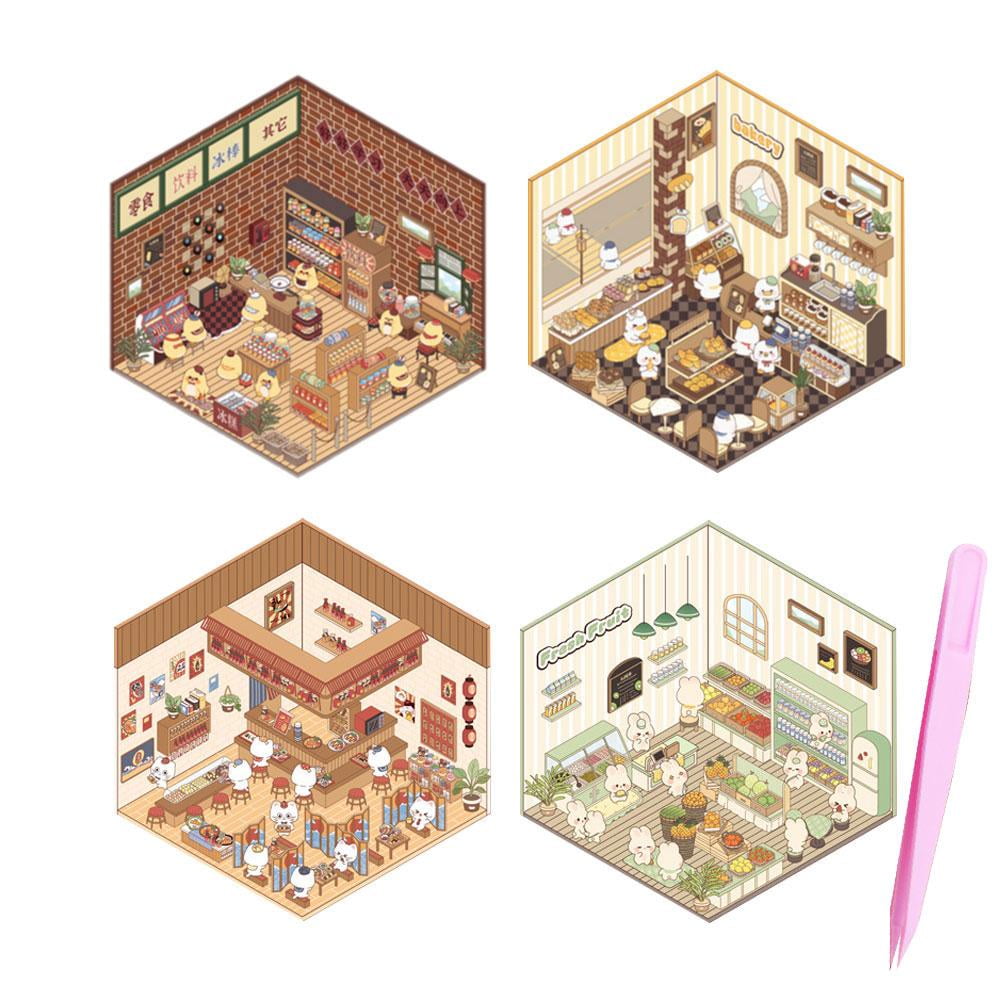 4 Sets DIY 3D House Stickers For Kids & Adults - Supermarket, Coffee Shop, Restaurant, Bookstore Scenes, Reusable Stress Relief Stickers - View #3