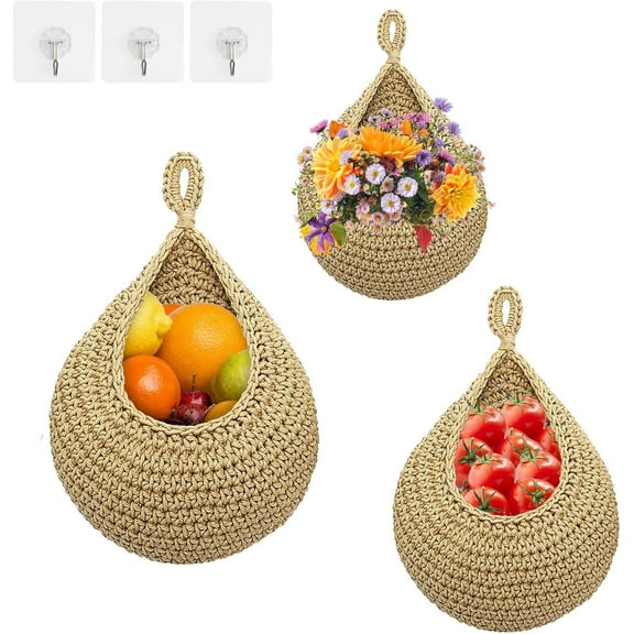 jimin 3Pcs Hanging Fruit Baskets for Kitchen, Teardrop Hanging Basket Boho Wall Hanging Holder with Hooks Wall Planters Handwoven Hanging Plant Basket Decor for Vegetable Onion Potato Storage (Brown)