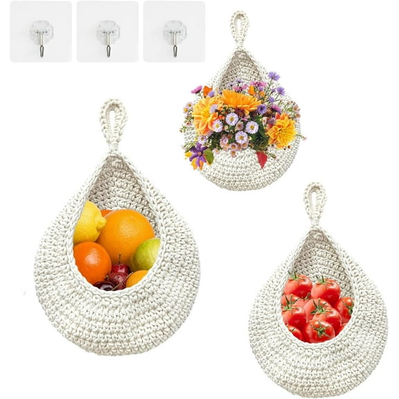 jimin 3Pcs Hanging Fruit Baskets for Kitchen, Teardrop Hanging Basket Boho Wall Hanging Holder with Hooks Wall Planters Handwoven Hanging Plant Basket Decor for Vegetable Onion Potato Storage (White)