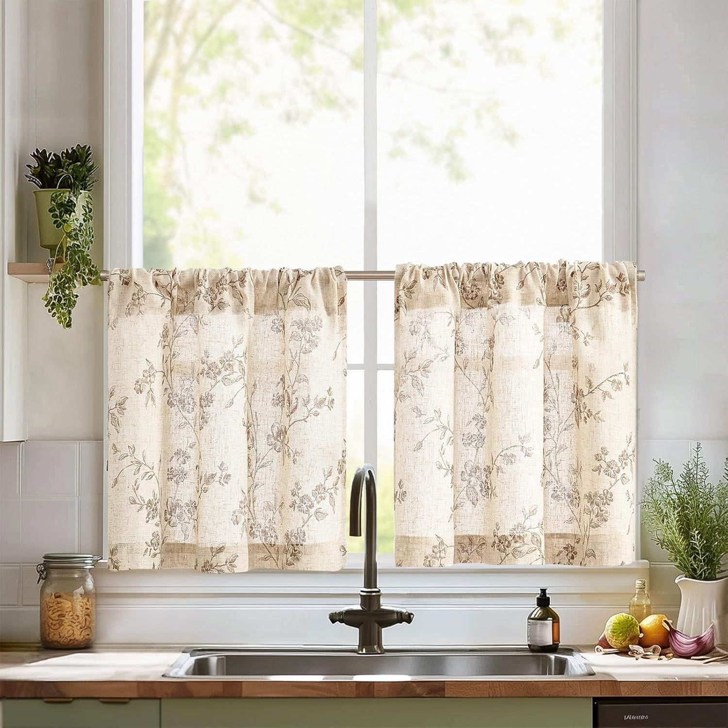 jinchan Floral Kitchen Curtains 24 Inch Linen Tier Curtains Farmhouse ...
