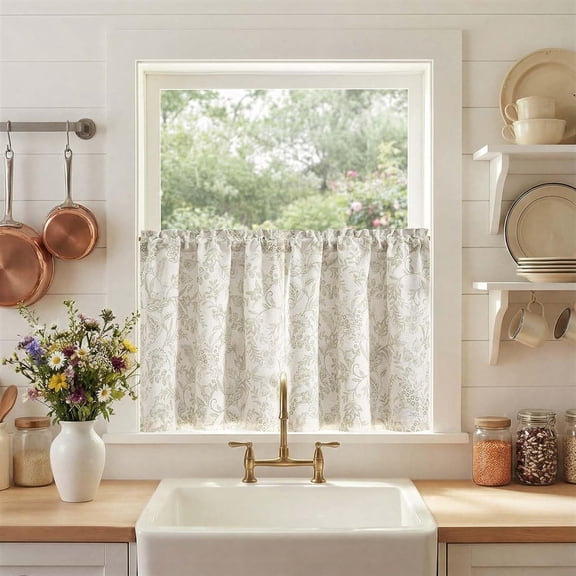 jinchan Floral Kitchen Curtains for Windows 24 Inch Linen Lined Tier Farmhouse Cafe Curtains Country Botanic Small Window Rod Pocket Rustic Flax for Laundry Bathroom RV 2 Panels Green on Beige