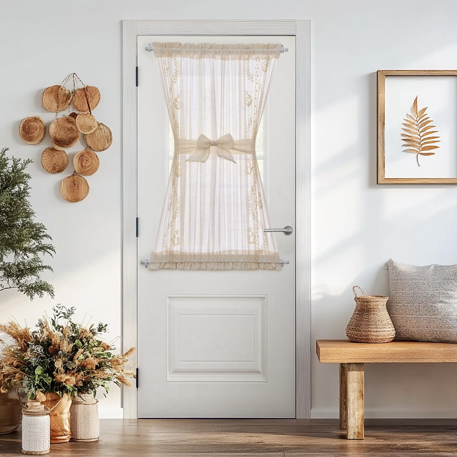 JINCHAN Floral Embroidered Sheer Door Curtain - 1 Panel, 55"W X 40"L, Rod Pocket, Light Filtering