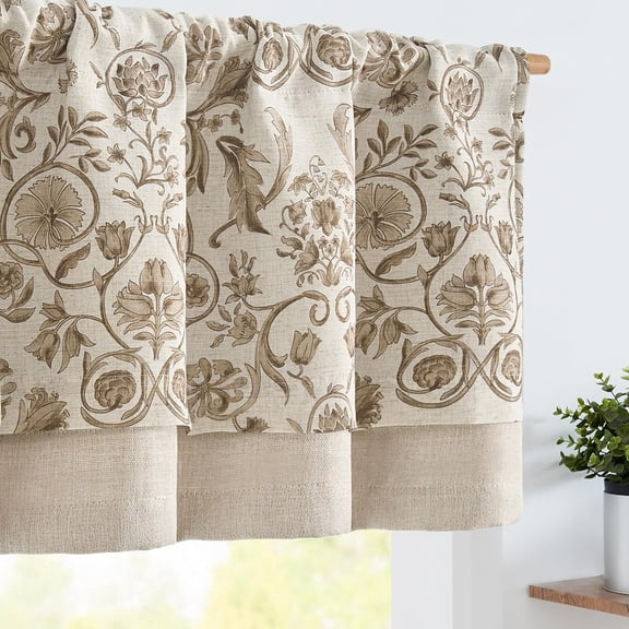 jinchan Linen Valance Kitchen Curtain for Windows Double Layer 18 Inch for Living Room Bedroom Window Treatment Light Filtering Vintage Rustic Farmhouse Cottagecore Rod Pocket 1 Panel Taupe on Beige