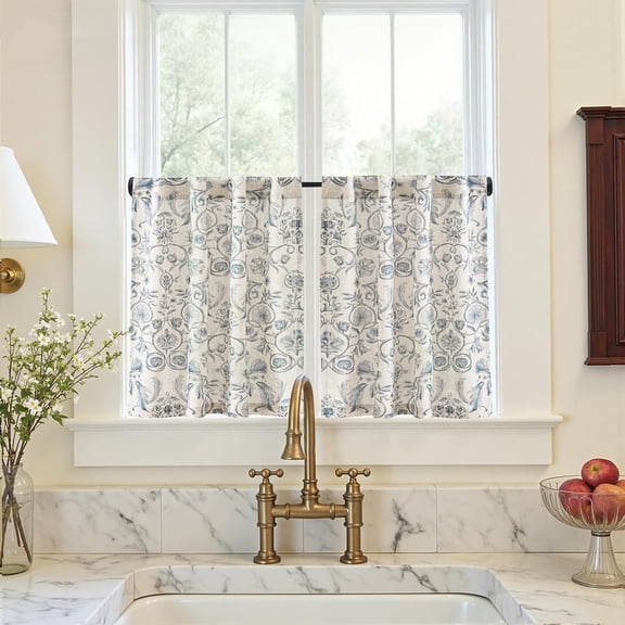 jinchan Small Window Curtains 24 Inch Linen Floral Curtain Set for Kitchen Bathroom Cafe Curtains Light Filtering Window Treatment Farmhouse Cottagecore Back Tab Drapes 2 Panels Blue on Beige