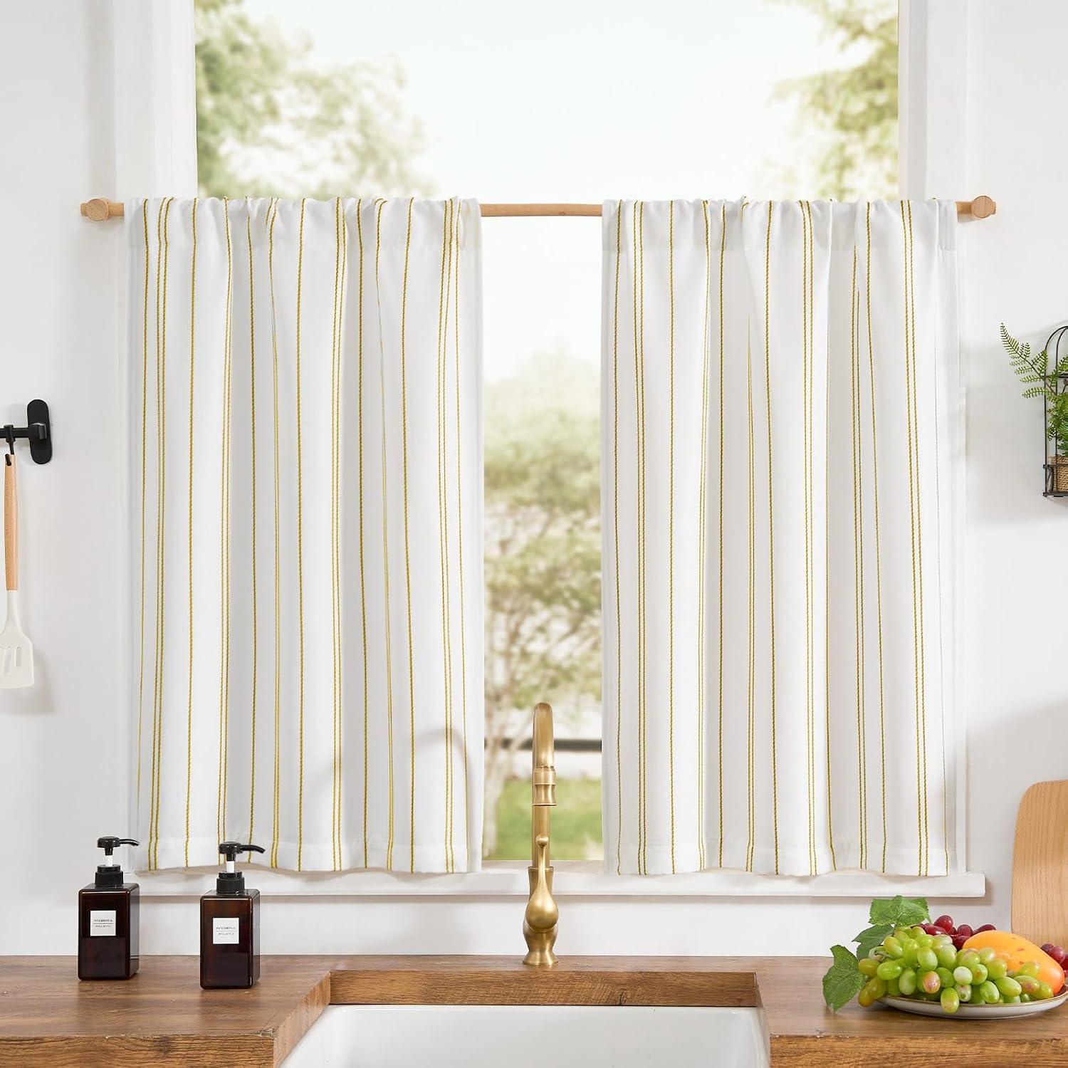 Linen-Look Kitchen Curtains – 2 Panels, 24x36 Inches, Rod Pocket, Farmhouse Cafe Style, Light Filtering