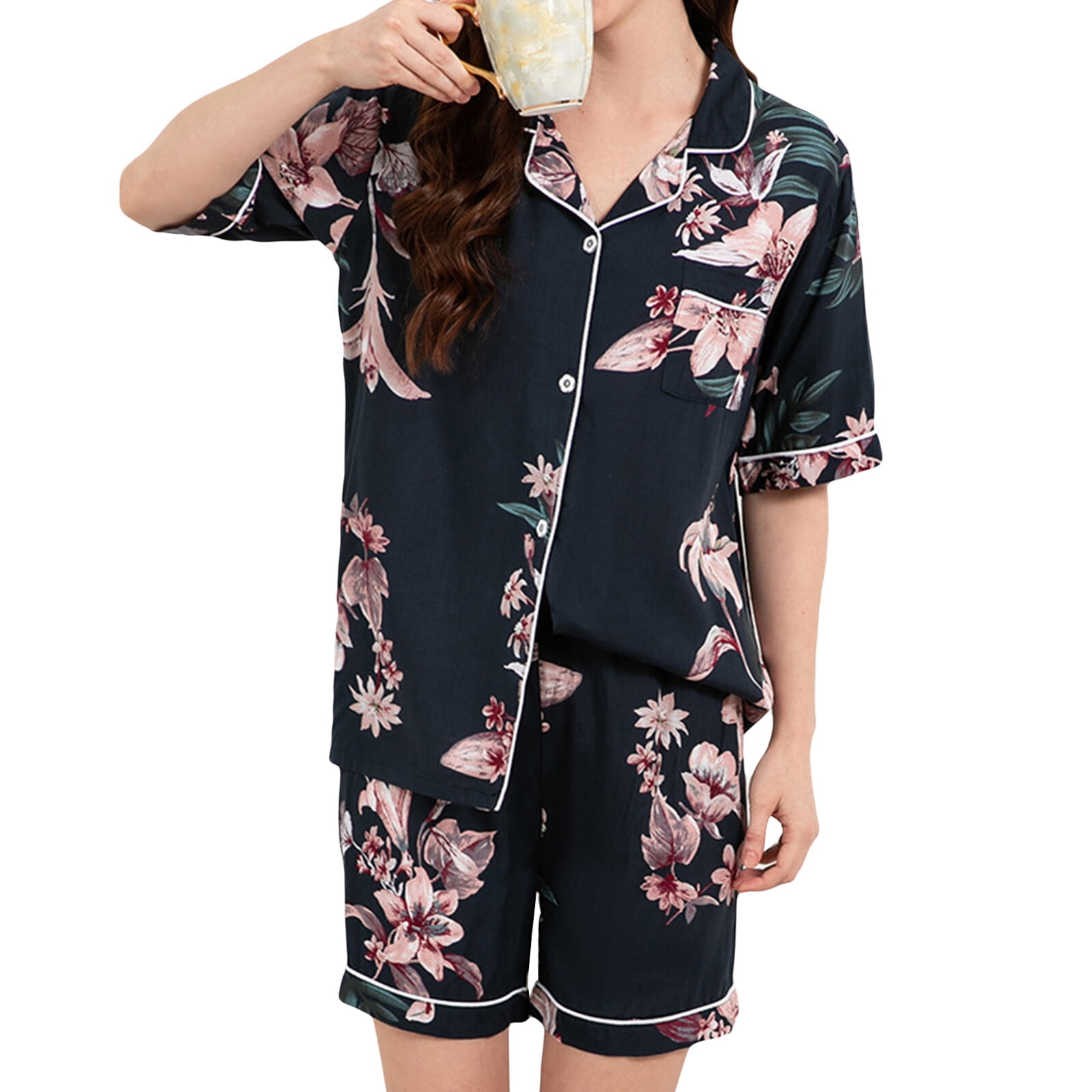Animepark Women's Pajama Set - Short Sleeve Button-Down Top & Shorts | Summer Sleepwear, Soft Polyester PJS In S-2XL