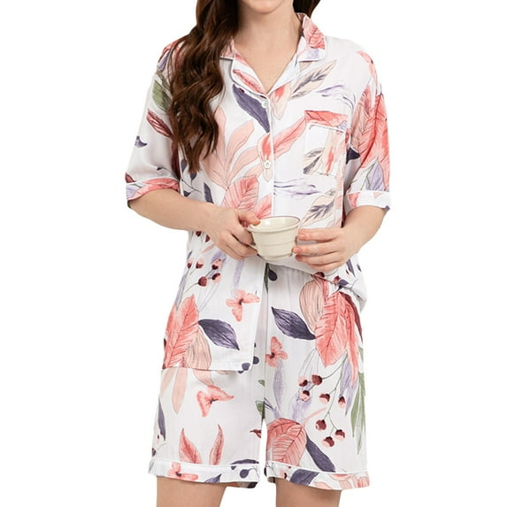jinghuiyue Pajamas Set for Women Short Sleeve Button Down Floral Sleepwear 2 Piece Pjs Shorts Lounge Sets L