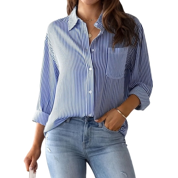 jinghuiyue Women Button-Down Shirts Striped Long Sleeve Collared Dressy Office Casual Loose Fit Blouse Tops with Pocket L