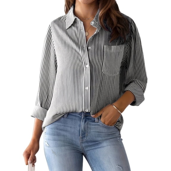 jinghuiyue Women Button-Down Shirts Striped Long Sleeve Collared Dressy Office Casual Loose Fit Blouse Tops with Pocket M
