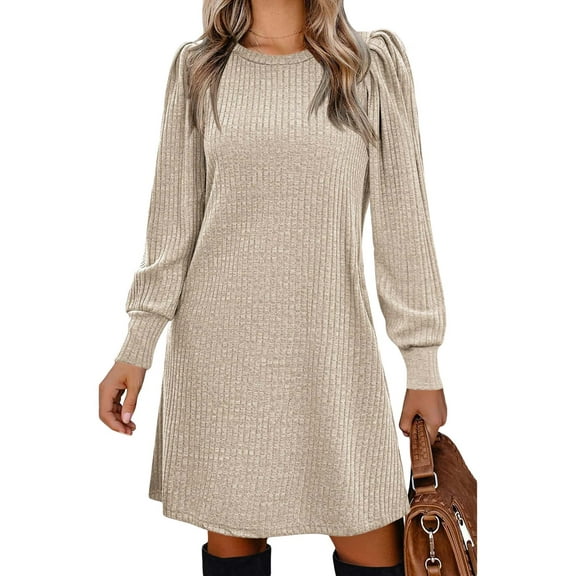 jinghuiyue Women Dresses Puff Long Sleeve Crew Neck Tunic Dress with Pockets Casual Knitted Pullover Dress L