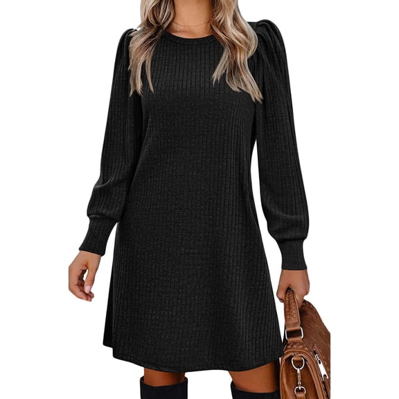 jinghuiyue Women Dresses Puff Long Sleeve Crew Neck Tunic Dress with Pockets Casual Knitted Pullover Dress L