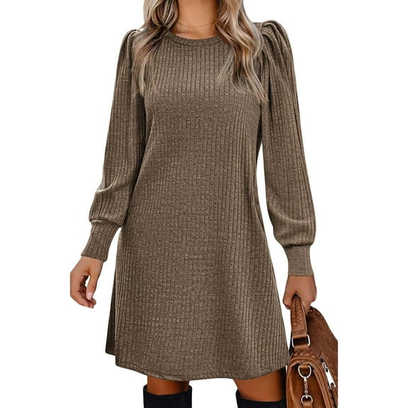 jinghuiyue Women Dresses Puff Long Sleeve Crew Neck Tunic Dress with Pockets Casual Knitted Pullover Dress L