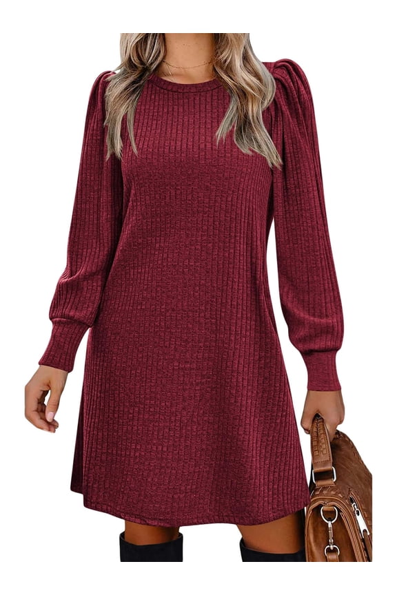 Women Dresses Puff Long Sleeve Crew Neck Tunic Dress with Pockets Casual Knitted Pullover Dress XL