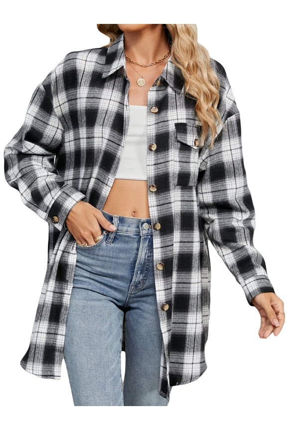 Women Flannel Plaid Shirt Classic Button Down Long Sleeve Shirts Casual Business Cropped Tops with Pocket M
