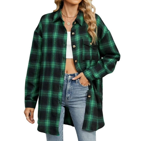jinghuiyue Women Flannel Plaid Shirt Classic Button Down Long Sleeve Shirts Casual Business Cropped Tops with Pocket M