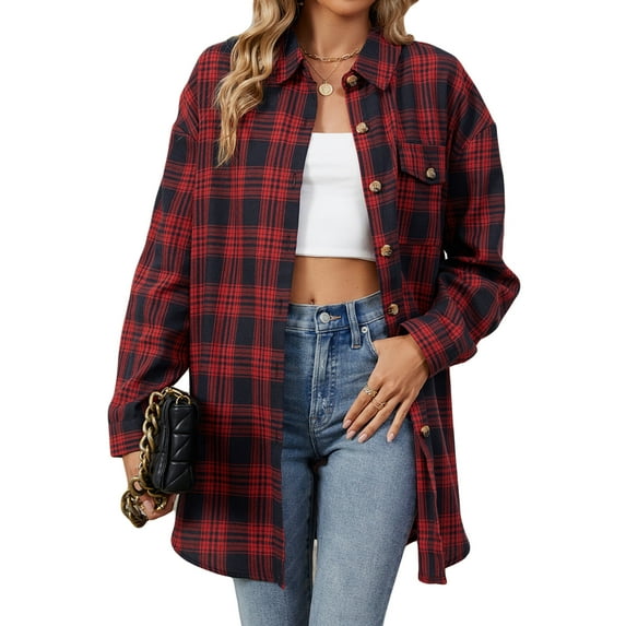 jinghuiyue Women Flannel Plaid Shirt Classic Button Down Long Sleeve Shirts Casual Business Cropped Tops with Pocket XL