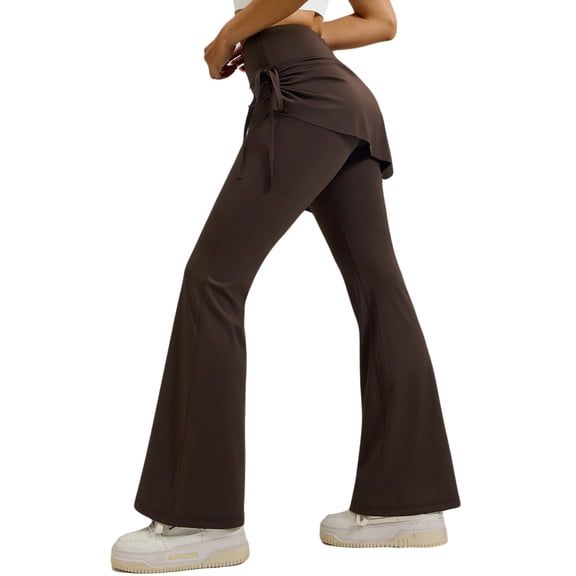 jinghuiyue Women Leggings High Waist Tummy Control Stretchy Flare Yoga Pants Pleated Side Drawstring Skirted Legging M
