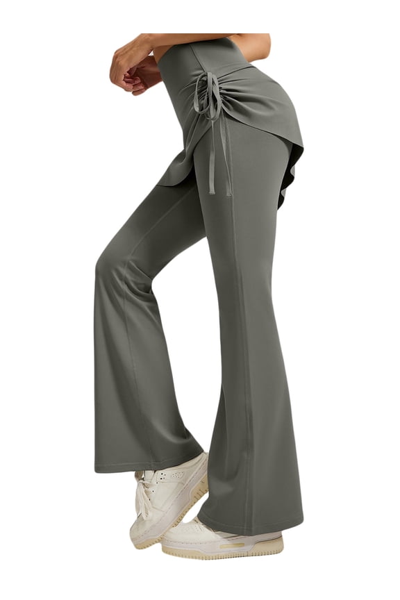 Women Leggings High Waist Tummy Control Stretchy Flare Yoga Pants Pleated Side Drawstring Skirted Legging XL