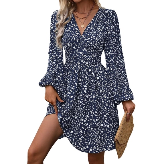 jinghuiyue Women Long Sleeve Dresses Casual V Neck A-line Midi Dress with Elastic High Waist L